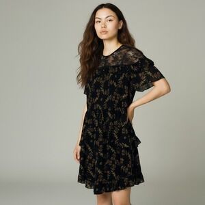 NWOT Sandro | Alderic Black Lace Butterfly Print Ruffle Mini Dress, EU 36/US S